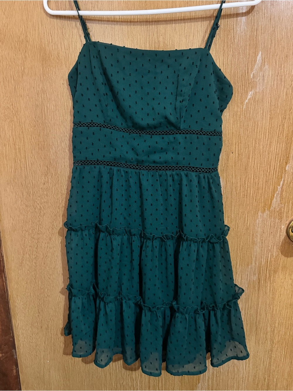 Francesca’s Emerald Green Spotted Tiered Slip Dress